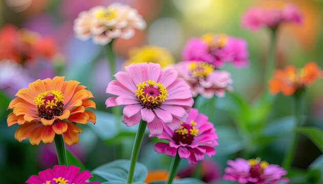 Vibrant Garden Displaying Pink Orange And Yellow Zinnia Flowers Blooming In Soft Sunlight With Green Foliage Background