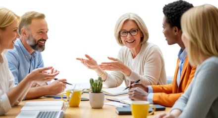 A diverse group of business people of various ages and ethnicities engaged in a lively discussion around a conference table, isolated on transparent background