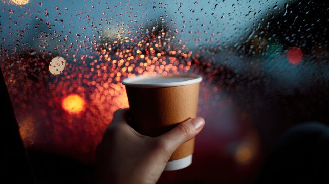 Hand holding a paper cup of coffee in front of a window with raindrops on it. the background is blurred, but it appears to be a cityscape with colorful lights. - Powered by Adobe