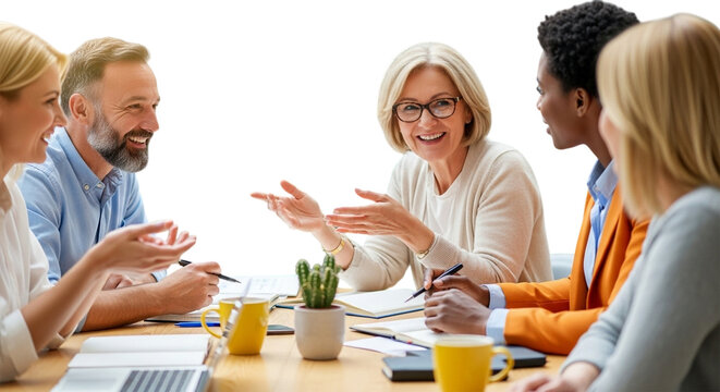 A diverse group of business people of various ages and ethnicities engaged in a lively discussion around a conference table, isolated on transparent background