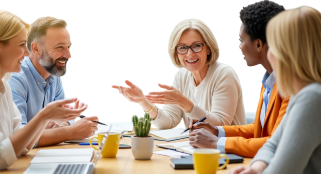 A diverse group of business people of various ages and ethnicities engaged in a lively discussion around a conference table, isolated on transparent background