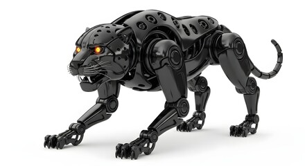 Obraz premium Robotic black panther with glowing eyes isolated on white background