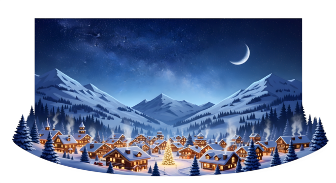 Winter village under starry sky, isolated on transparent background