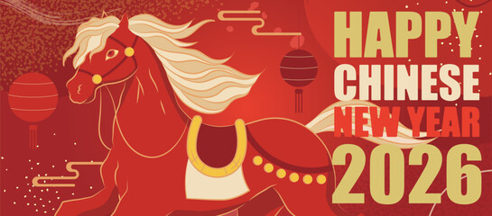 Chinese New Year 2026 Running Horse Banner with Red and Gold Lanterns, Lunar Festival Ornaments and Traditional Asian Zodiac Illustration