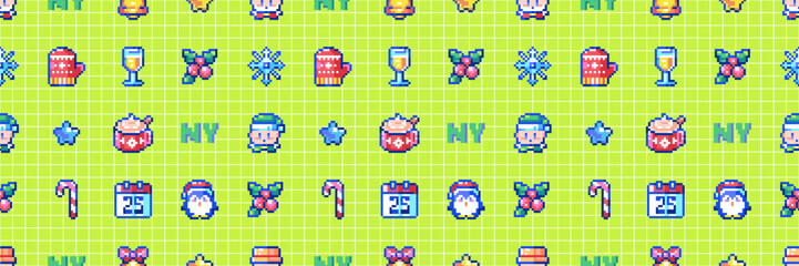 Pixel Art New Year Seamless Pattern with Cocoa Mugs, Calendars, Holly Berries, Snowmen and Cute Retro 8 bit Holiday Icons