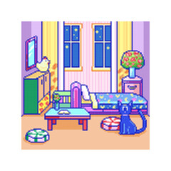 Pixel Art Pastel Bedroom Background with Cat, Bed, Flowers, Cute Retro 8 bit Room Interior Scene for Decorative Pixel Illustrations