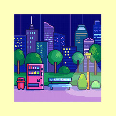Pixel Art Night City Park Background with Vending Machine, Skyscrapers, Bench, Trees and Retro 8 bit Urban Scene for Decorative Screens
