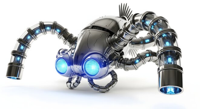 Futuristic robotic spider with glowing blue lights isolated on white background
