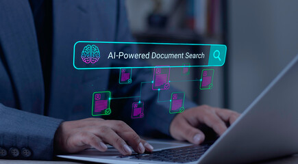 Businessman uses an AI-Powered Document Search bar on a laptop. Intelligent retrieval system finding digital files from a database.