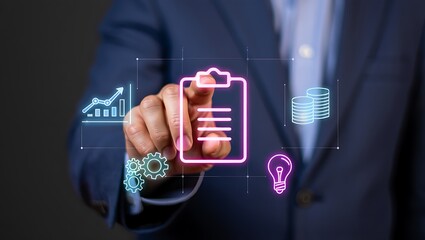 Businessman touching digital screen with icons representing business concept