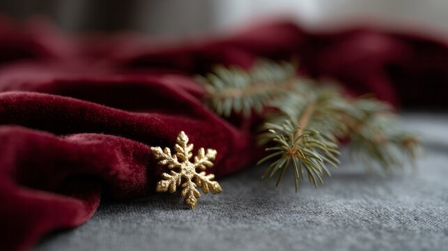 Rich burgundy velvet and an evergreen sprig cradle a golden snowflake, evoking Yule nostalgia and Midwinter's elegance