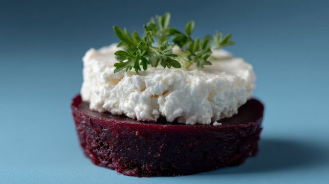 Savory beetroot stack crowned with creamy chevre and sprigs of parsley, invoking rustic French picnics and Thalassa Feasts