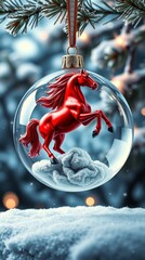Clear Christmas Bauble with Red Rearing Horse Figurine on Snowy Winter Pine Branch Background_5