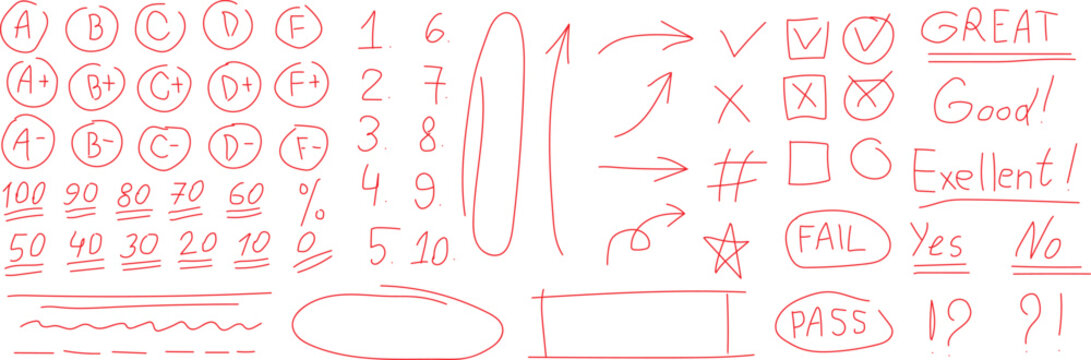 Hand drawn red correction marks, check mark, cross mark isolated on