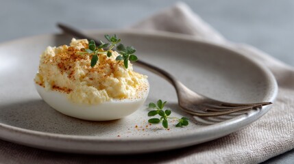 Savory deviled egg crowned with fresh thyme, ideal for whimsical brunch soirees or peculiar Deviled Egg Day celebrations