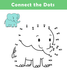 Dot to Dot Worksheet for Kids. Connect the dots to draw a cute elephant. Illustration of elephant. Coloring page.
