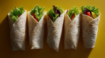 Five vibrant veggie wraps stand like a colorful edible chorus line, celebrating Taco Tuesday and Vegan Awareness Month
