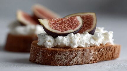 Toast crowned with ripe figs and cottage cheese, embodying autumnal abundance, European harvest festival delight, and rustic brunch vibes
