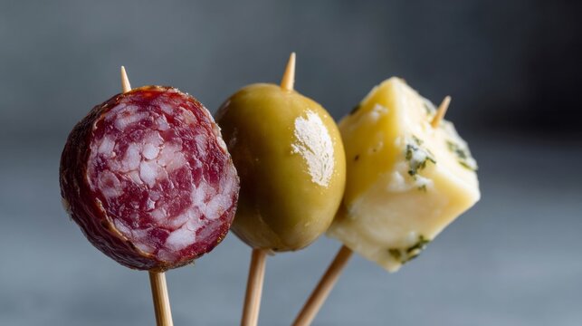 Savory medley on skewers, gourmet appetizer for festive Tapas Day, rustic gastronomic journey with salami and herbed cheese