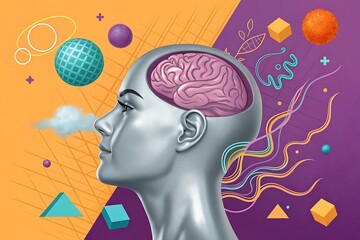 Creative thought process visualized with a human head and abstract elements