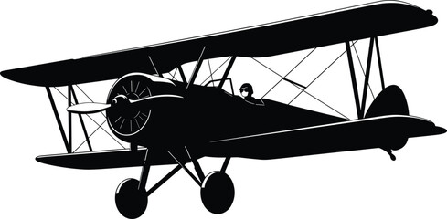 Vintage biplane silhouette, early aviation aircraft, open cockpit pilot, historical airplane, black and white, WWI era, propeller plane, retro flying machine © Aiub