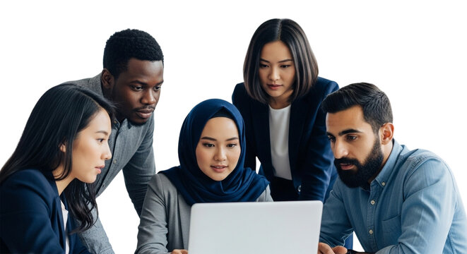 Diverse group of business professionals collaborating around a laptop, isolated on transparent background