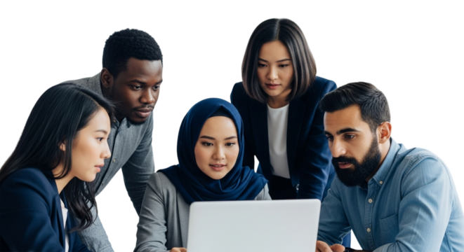 Diverse group of business professionals collaborating around a laptop, isolated on transparent background