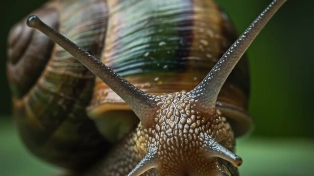 endangered polynesian tree snail climbing on moist branch detailed wildlife footage 4k ai