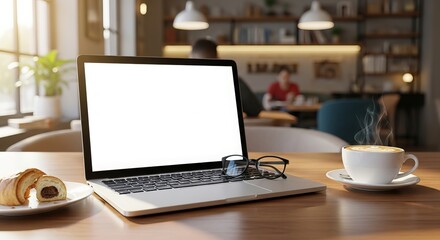 Laptop with blank screen on a wooden table in a cafe with coffee and croissant ready for work or study in a cozy atmosphere perfect for remote work and digital lifestyle