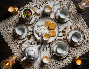 Vintage Tea Table Setting with Porcelain Cups, Sugar Cubes, Biscuits and Candlelight