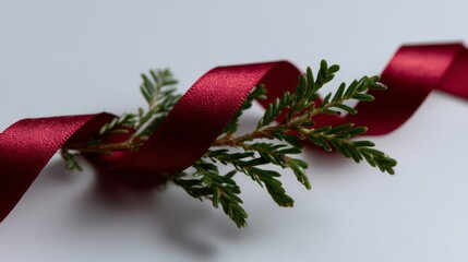 Rich crimson ribbon entwines with evergreen sprigs, evoking Yuletide warmth and Arbor Days promise of renewal in Decembers embrace