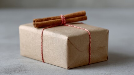 Charming rustic parcel with cinnamon atop, ideal for Hygge gifting or Yule celebrations, exuding cozy, aromatic delight