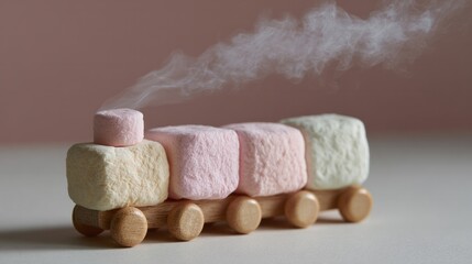 Pink and ivory marshmallow train puffs whimsical steam, evoking sweet visions of childlike enchantment and National Candy Month fun