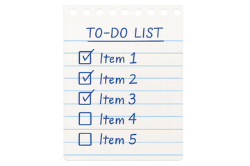 To-do list on lined paper with completed items, illustrating task management, organization, and goal achievement plan