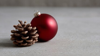 Red bauble whispers holiday cheer alongside pine cone, evoking Yule traditions and winter solstice coziness on a gray stage