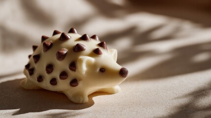 Adorable chocolate hedgehog basking in sunlight conjures sweet beginnings, perfect for World Chocolate Day or quirky dessert festivals