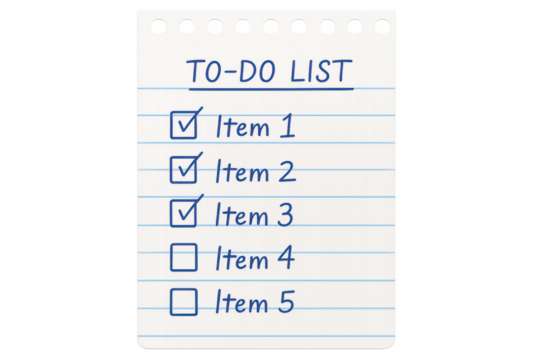 To-do list on lined paper with completed items, illustrating task management, organization, and goal achievement plan