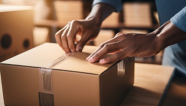 close up of adult hands carefully folding cardboard box to assemble packaging material in warehouse preparing parcel with precision for shipping or delivery service