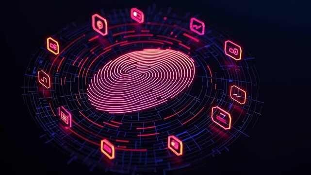 A digital fingerprint surrounded by vibrant icons in a tech-themed design.