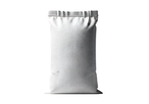 White textured bag with gathered top and flat base isolated on a transparent background sealed