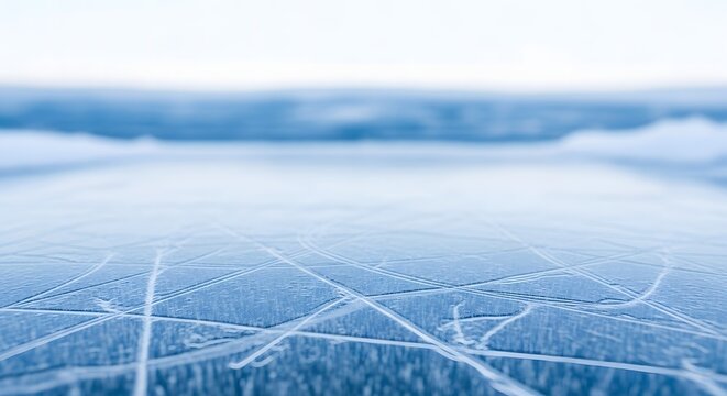 Cracked Ice Surface with Blue Hues and Horizon.
