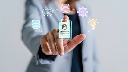 Businesswoman touching digital icons innovation data analytics process