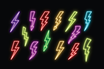 Neon effect collection of vibrant neon lightning bolt icons in various colors against a dark background