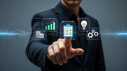 Businessman using touchscreen interface for strategy and finance management