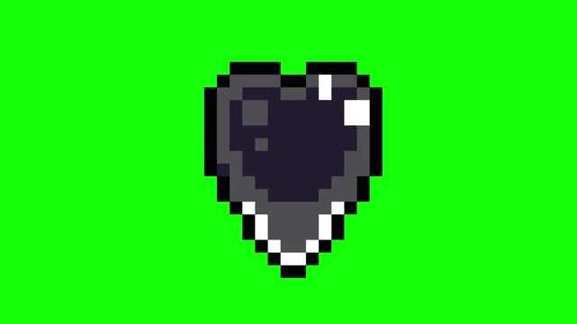 black spinning shiny love shape in pixel art style with isolated green screen