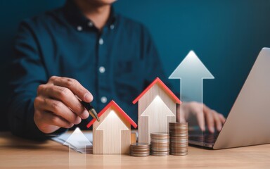 Man calculating real estate investment growth, property market analysis, and financial planning for future wealth and successful business strategies