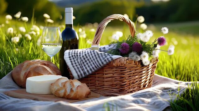 Picnic basket with wine bread and cheese on a blanket outdoors