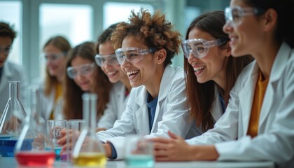 Diverse teenagers science in class. Young smiling girls in lab coats research with beakers. Multiethnic students study medicine together. Wear safety glasses. STEM education in modern school.