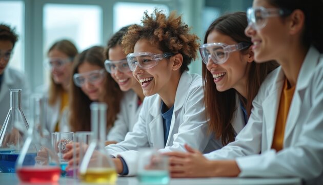 Diverse teenagers science in class. Young smiling girls in lab coats research with beakers. Multiethnic students study medicine together. Wear safety glasses. STEM education in modern school.