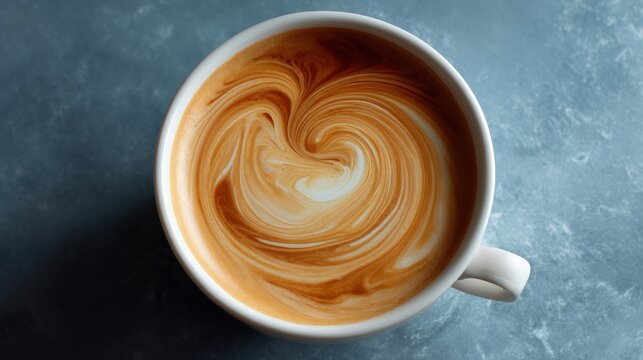 Close-up of a cup of coffee. the cup is white and has a handle on the right side. the coffee is a light brown color and has intricate swirls and patterns on its surface.